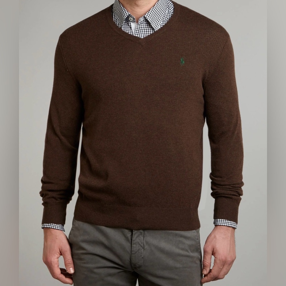 Polo Ralph Lauren Dark Brown V-Neck Sweater men L merino wool